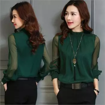 Модная и элегантная кружевная рубашка с рукавами-фонариками и круглым вырезом, женская повседневная свободная рубашка S чёрный