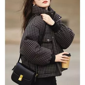 Модная и элегантная куртка из утолщенного хлопка для женщин с воротником-стойкой и узором «гусиная лапка» для зимы M