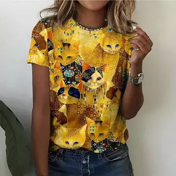 Модная и энергичная женская футболка с красочным котом, модная и повседневная, в стиле арт-стиля, желтая, с коротким рукавом S