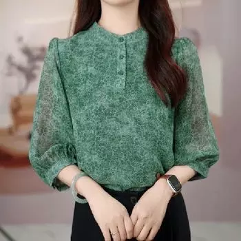 Модная и дышащая летняя рубашка для женщин с цветочным принтом, тонкая и воздушная, стильная и стройнящая, идеально подходит для мам S зелёный