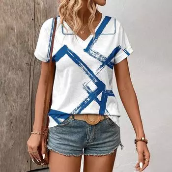 Модная и минималистичная полосатая футболка 2024 года, летняя футболка свободного покроя, элегантный женский топ с V-образным вырезом и короткими рукавами S
