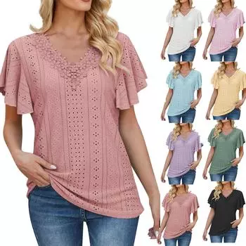 Модная и модная женская новая кружевная однотонная свободная футболка с v-образным вырезом и рукавами-листочками L чёрный