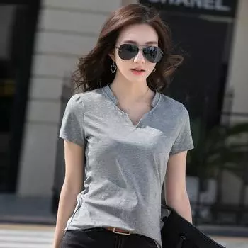 Модная и облегающая однотонная женская футболка в корейском стиле с v-образным вырезом и короткими рукавами, простой топ из чесаного хлопка 2024 M серый