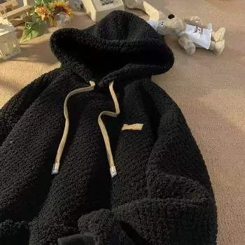 Модная и персонализированная толстовка с капюшоном из овечьего бархата для мужчин, зимняя, утолщенная куртка Y2K, осень и зима, новый повседневный топ M чёрный