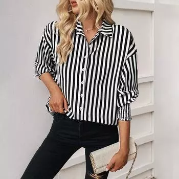 Модная и повседневная блузка с воротником и длинным рукавом в черно-белую полоску для женщин S чёрный