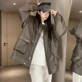 Модная и повседневная кожаная куртка в гонконгском стиле для женщин L