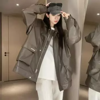 Модная и повседневная кожаная куртка в гонконгском стиле для женщин M зелёный