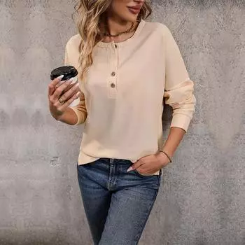 Модная и повседневная осенняя женская блузка с длинным рукавом из вафельного полотна, однотонная женская S бежевый