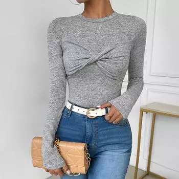 Модная и повседневная осенняя женская футболка с длинными рукавами и однотонным принтом «Тонкая женская» S светло-серый