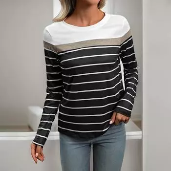 Модная и повседневная осенняя женская футболка в полоску с длинными рукавами для женщин S чёрный