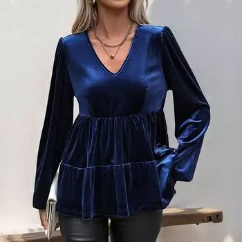 Модная и повседневная осенняя женская рубашка из бархата с оборками S темно-синий