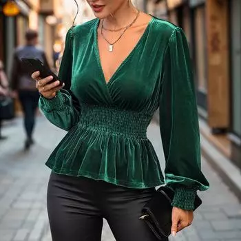 Модная и повседневная осенняя женская рубашка из бархата с длинными рукавами S темно-зеленого