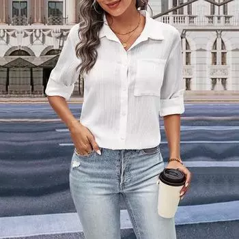 Модная и повседневная осенняя женская рубашка с внутренним лацканом и длинными рукавами, белая S белый