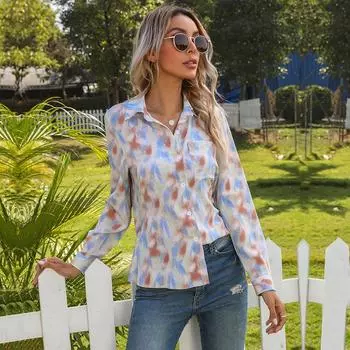 Модная и повседневная темпераментная французская блузка с бантом на лацкане с узором «тай-дай» S синий