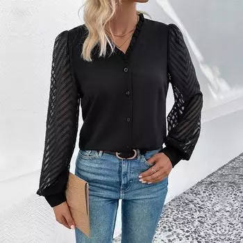 Модная и повседневная женская черная рубашка с длинными рукавами на осень S чёрный