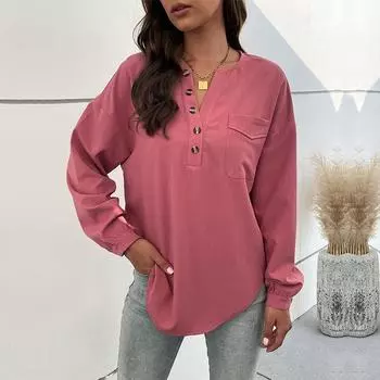 Модная и повседневная женская рубашка с длинными рукавами и однотонным принтом на весну S красное дерево