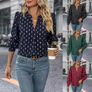 Модная и повседневная женская рубашка с длинными рукавами и ромбовидным узором на весну и осень S темно-синий