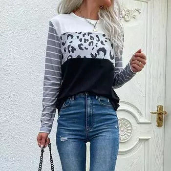 Модная и повседневная женская рубашка с длинными рукавами и леопардовым принтом на раннюю осень S чёрный