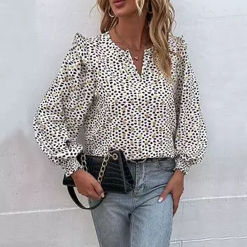 Модная и повседневная женская весенняя рубашка с длинными рукавами и оборками в горячем золотом стиле S белый