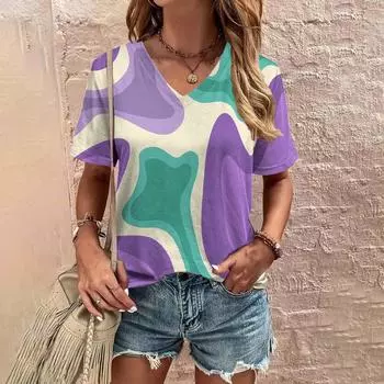 Модная и простая летняя футболка свободного покроя с геометрическим узором, женская футболка с V-образным вырезом S