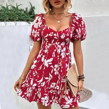 Модная и сексуальная европейская и американская женская одежда, французское ретро-платье с квадратным вырезом и принтом XS красный