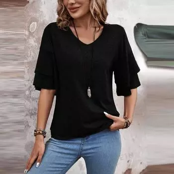 Модная и сексуальная женская двухслойная футболка с короткими рукавами и рюшами L чёрный