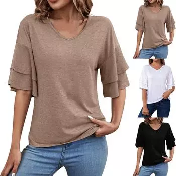 Модная и сексуальная женская двухслойная футболка с короткими рукавами и рюшами