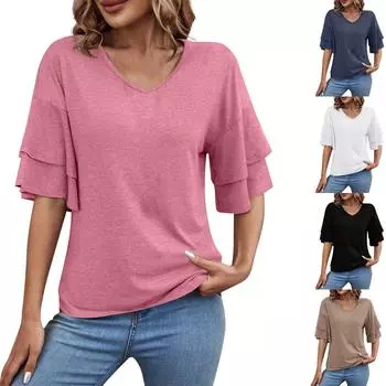 Модная и сексуальная женская двухслойная футболка с короткими рукавами и рюшами