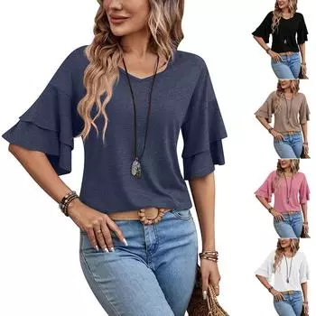 Модная и сексуальная женская двухслойная футболка с короткими рукавами и рюшами L чёрный