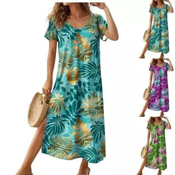 Модная и сексуальная женская новая летняя длинная юбка, круглый вырез, короткие рукава, платье с разрезом и растительным и цветочным принтом L циан