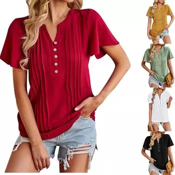 Модная и сексуальная женская однотонная рубашка с v-образным вырезом, женский летний свободный повседневный топ с короткими рукавами L чёрный