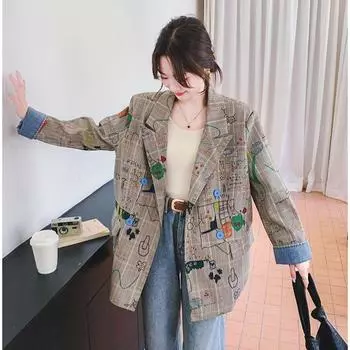 Модная и свободная серая куртка с принтом граффити для женщин на осень S