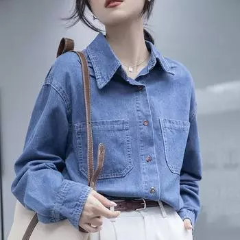 Модная и свободная женская джинсовая рубашка, средней длины, чистый хлопок, длинный, с чувством дизайна, уникальный и модный, внутренняя и верхняя одежда S синий