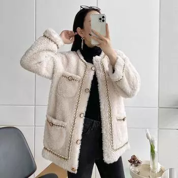 Модная и теплая женская шуба из овечьей овчины S бежевый