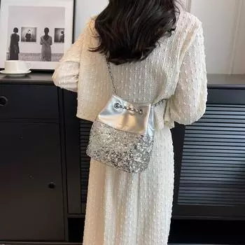 Модная и текстурированная сумка-мешок с нишевой дизайнерской цепочкой, женская сумка на одно плечо, стильная модная сумка через плечо с пайетками