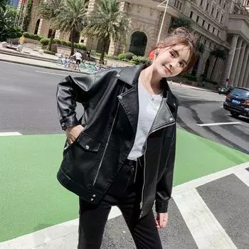 Модная и удобная куртка свободного покроя из искусственной кожи в корейском стиле для женщин на осень и весну XS чёрный