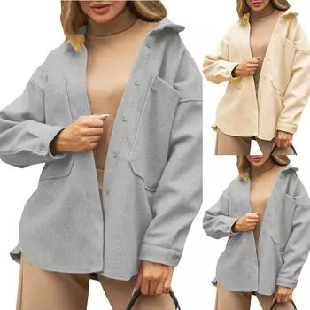 Модная и удобная однотонная свободная шерстяная куртка с большим карманом