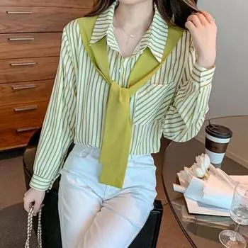 Модная и удобная осенняя рубашка для женщин с имитацией двух частей и полосатым узором L чёрный