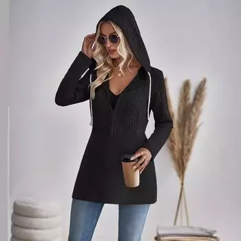 Модная и удобная женская куртка 2024 года с капюшоном и завязками на шнурке, однотонная, с волнистыми карманами и лоскутным узором S чёрный