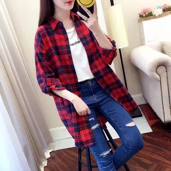 Модная и удобная женская рубашка в красную клетку с длинными рукавами и свободным кроем на весну и осень XS красный