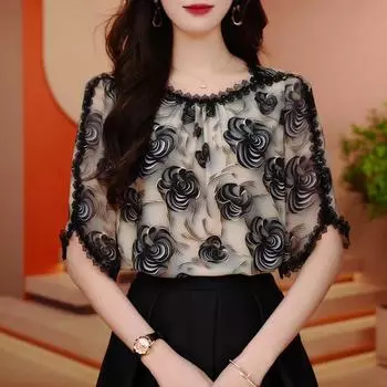 Модная и уменьшающая возраст универсальная рубашка с принтом, летний свободный утягивающий кружевной универсальный топ XXXXL чёрный