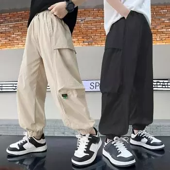 Модная и универсальная детская одежда, брюки на шнурке, свободные и универсальные спортивные брюки, летние тонкие брюки для мальчиков. 120 чёрный