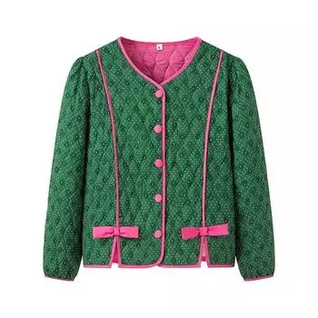 Модная и универсальная хлопковая куртка с небольшим цветочным узором и контрастными цветными нашивками L зелёный