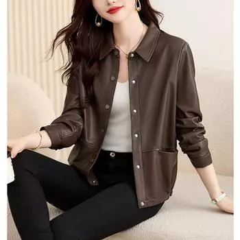 Модная и универсальная куртка из натуральной кожи для женщин, короткая куртка из овчины с лацканами на весну и осень для женщин S