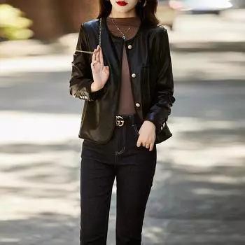 Модная и универсальная куртка из натуральной кожи для женщин, короткая куртка из натуральной овчины с круглым воротником, маленькая кожаная куртка в ароматном стиле M