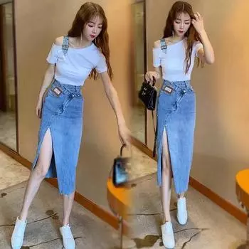 Модная и универсальная женская джинсовая юбка с завышенной талией и разрезом L чёрный