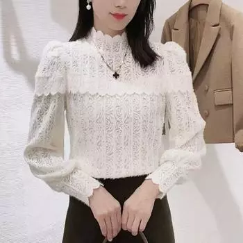 Модная и женственная кружевная рубашка, тонкая и молодежная базовая рубашка на осень и зиму для женщин S хаки