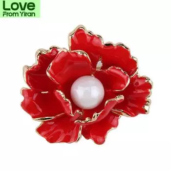 Модная Имитация Жемчуга Большая Цветочная Брошь Вечеринка Банкет Свадебный Шарф Металлические Булавки Ювелирные Изделия Подарочные Женские Красные Эмалевые Броши-Пионы красный