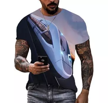 Модная индивидуальная летняя 3D-печатная модель поезда с рисунком скоростной железной дороги, мужская футболка в стиле хип-хоп, креативная ретро-уличная рубашка с круглым вырезом S