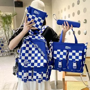 Модная клетчатая детская школьная сумка в тон, унисекс, рюкзак для учащихся младших классов средней школы, комплект из 4 предметов, парусиновая сумка для репетиторства чёрный